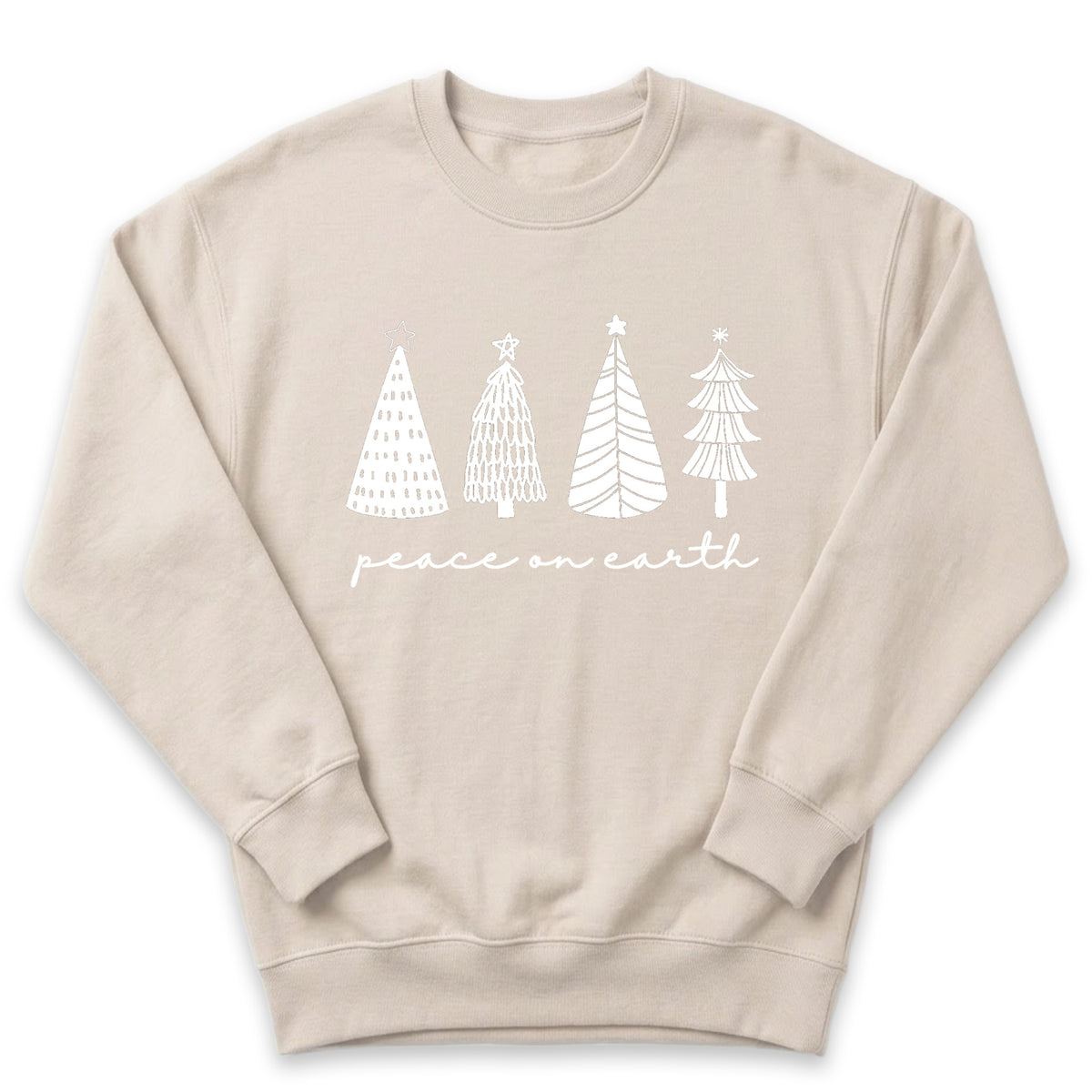 A beige sweatshirt with a graphic design featuring four stylized Christmas trees and the text "peace on earth" printed on it.