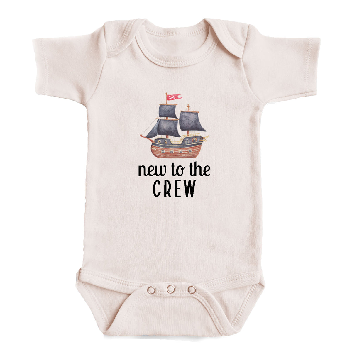 A baby onesie with a printed image of a pirate ship and the text "new to the crew" printed on it.