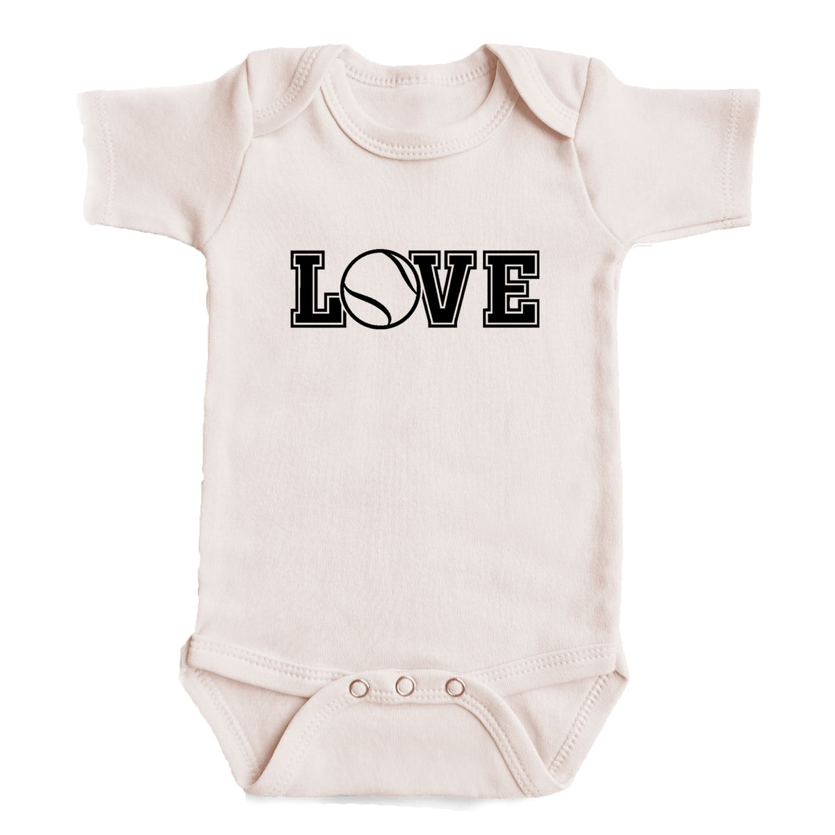 A baby onesie with the word "LOVE" printed on it.