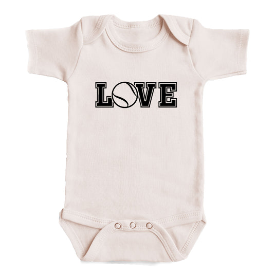 A baby onesie with the word "LOVE" printed on it.