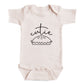 A baby onesie with a simple black and white graphic design on the front.