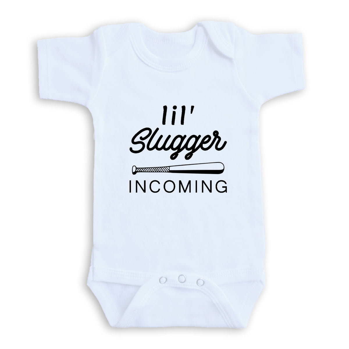 A white baby onesie with the text "I'll Slugger Coming" printed on it.