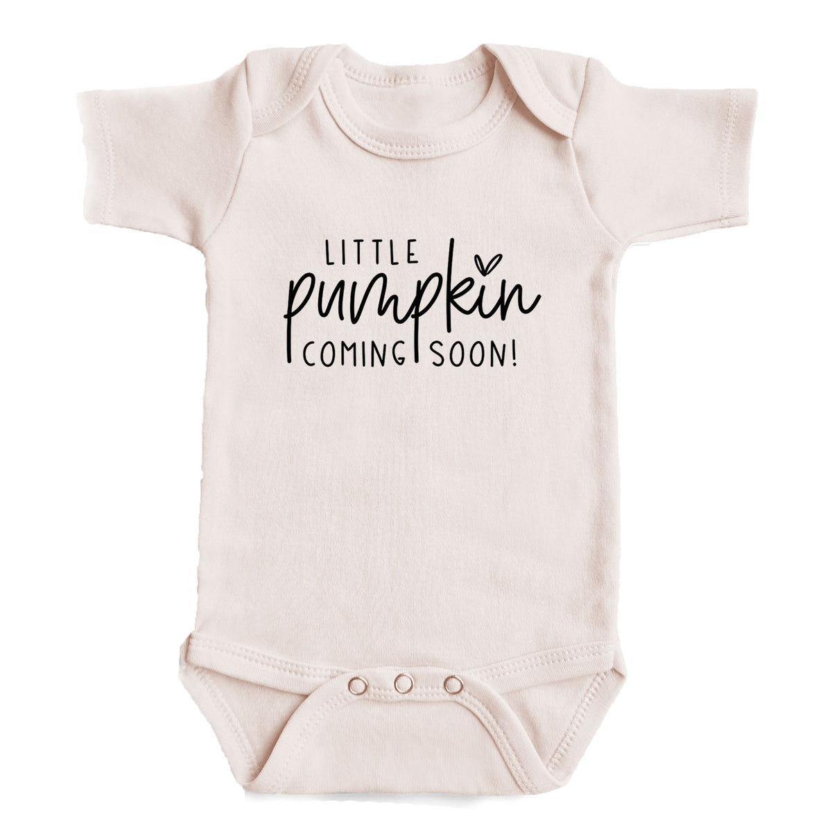 A baby onesie with the text "Little pumpkin coming soon!" printed on it.