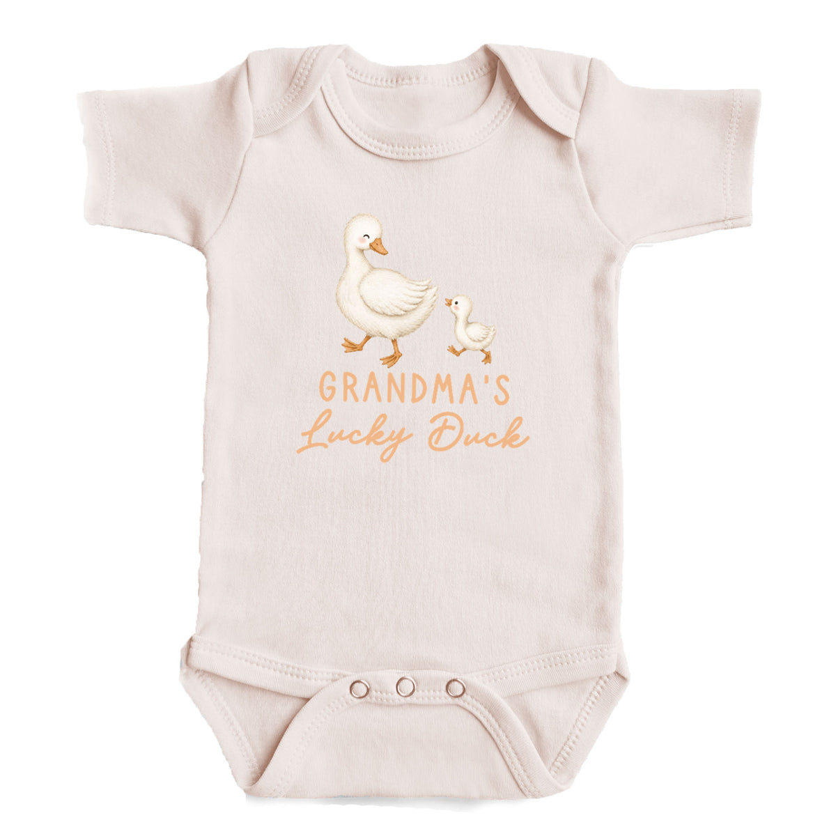 A baby onesie with a cartoon image of a duck and the text "GRANDMA'S LUCKY DUCK" printed on it.