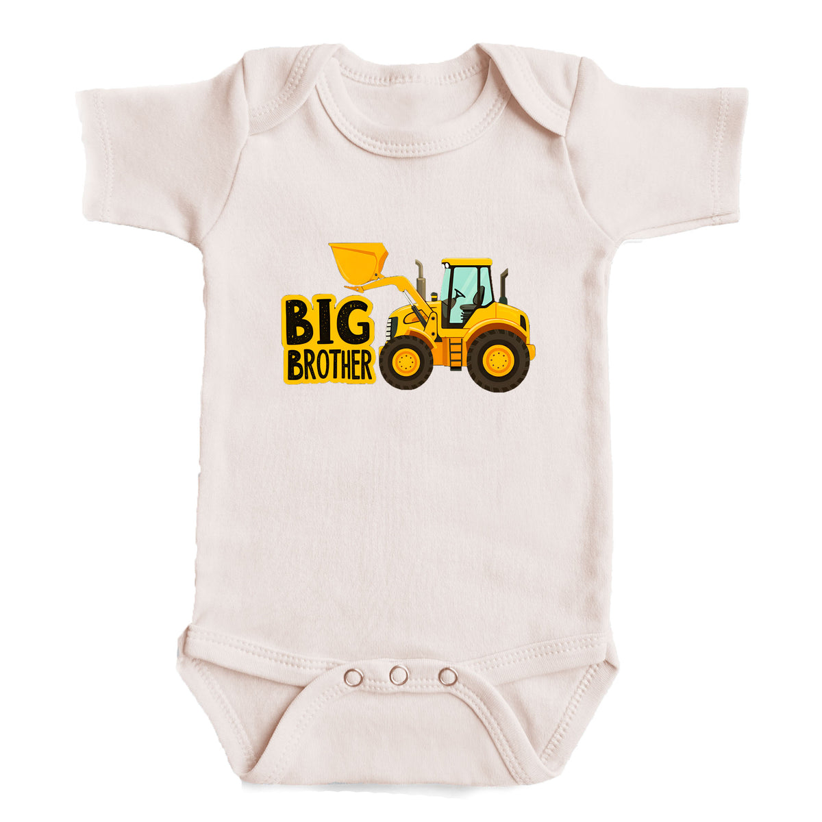 A baby onesie with a graphic of a yellow construction vehicle and the text "BIG BROTHER" printed on it.
