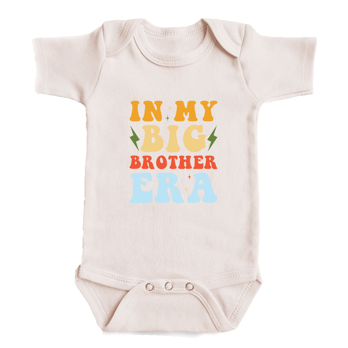 A baby onesie with the text "IN MY BIG BROTHER ERA" printed on it.