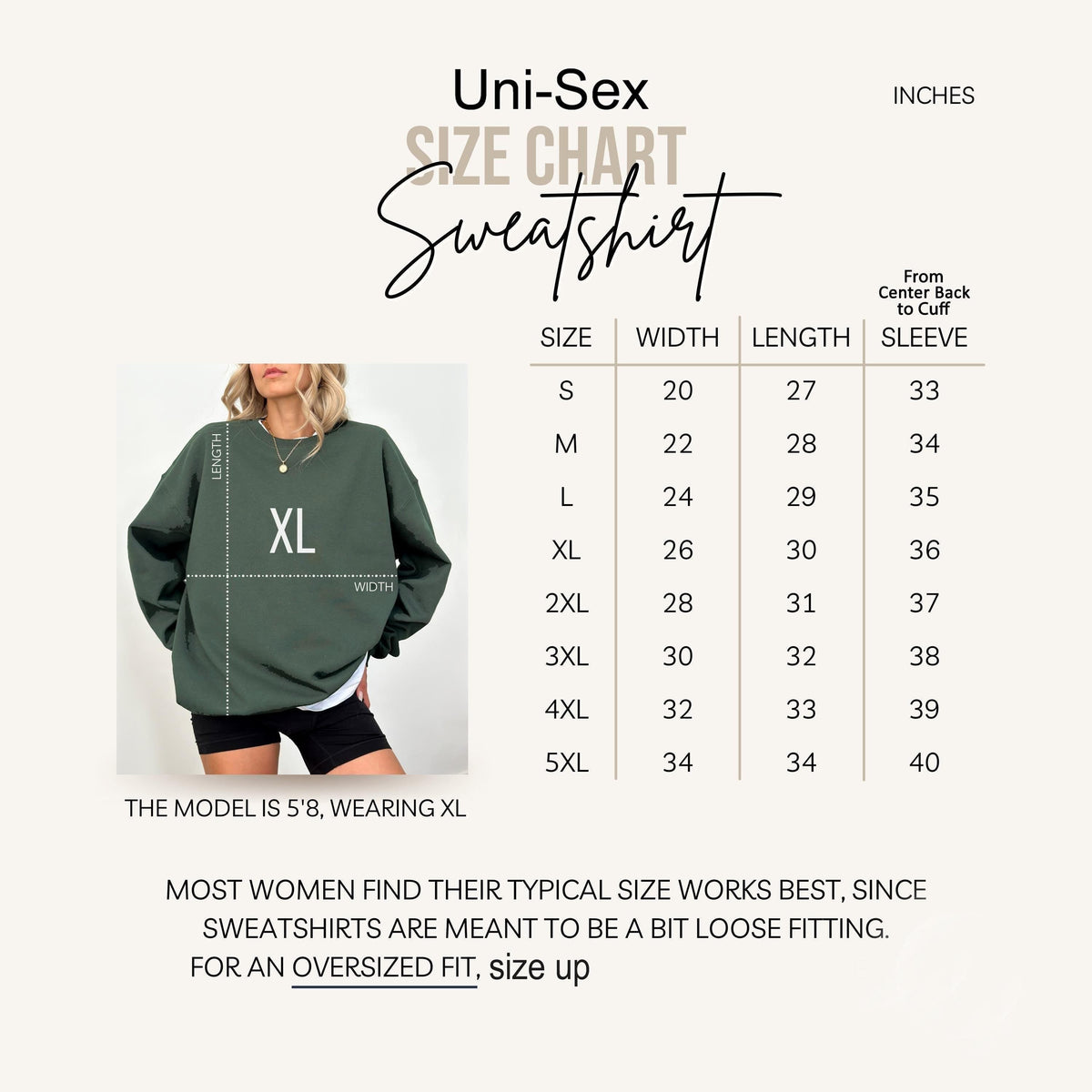 The image is a size chart for a sweatshirt, showing the measurements for different sizes.