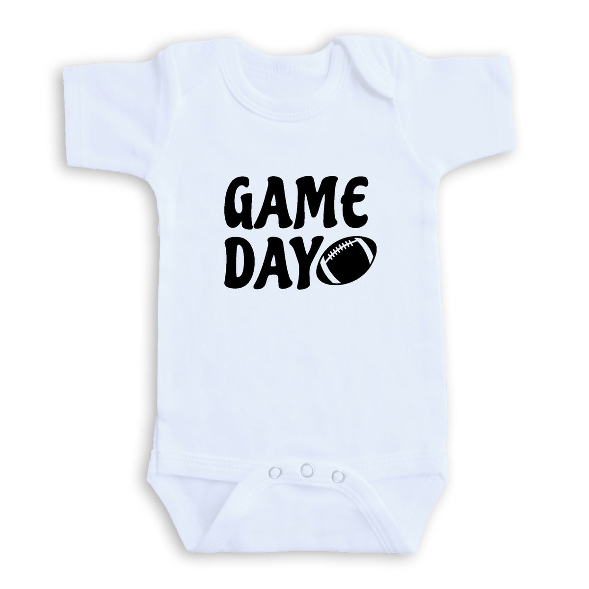 A white baby onesie with the text "GAME DAY" printed on it.