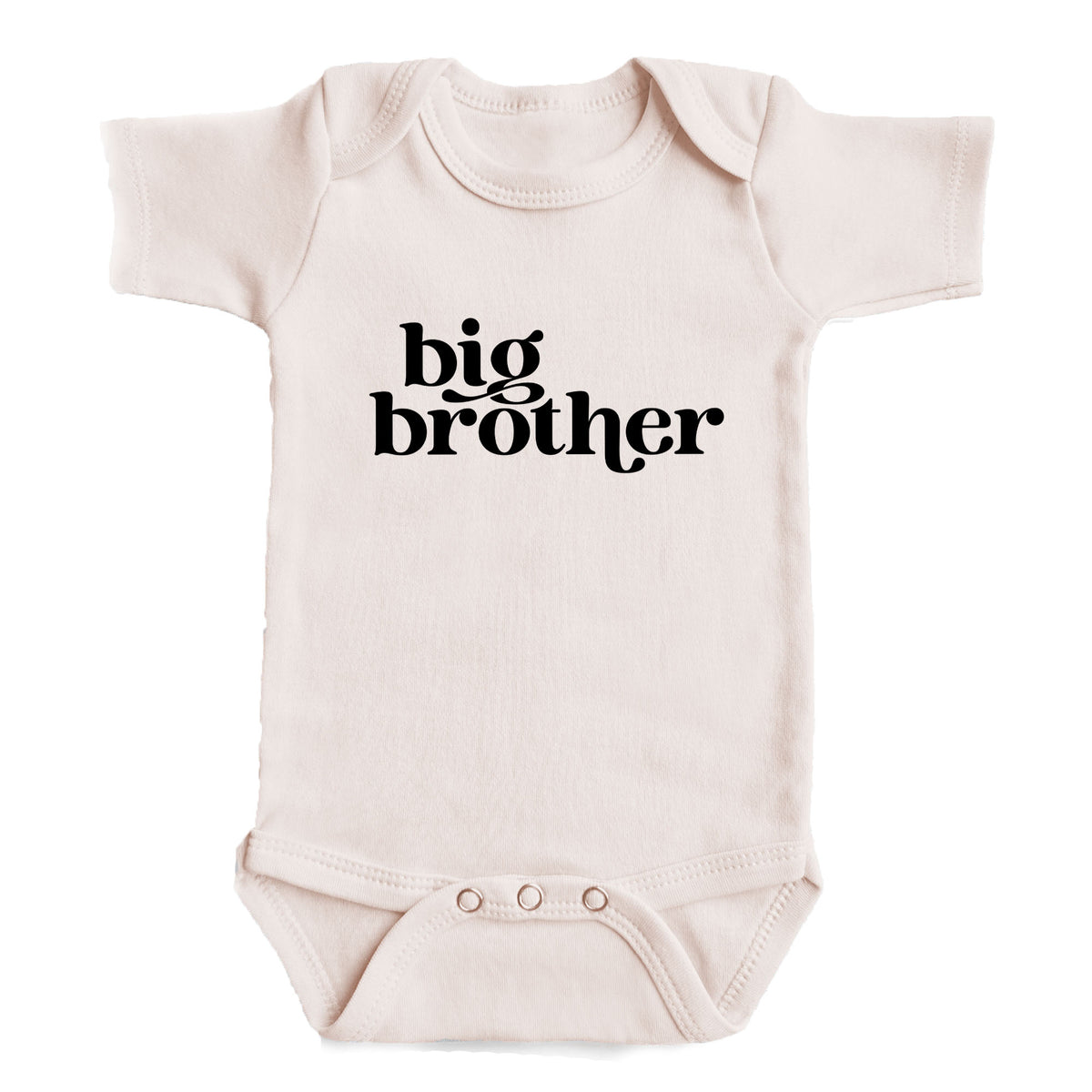 A baby onesie with the text "big brother" printed on it.