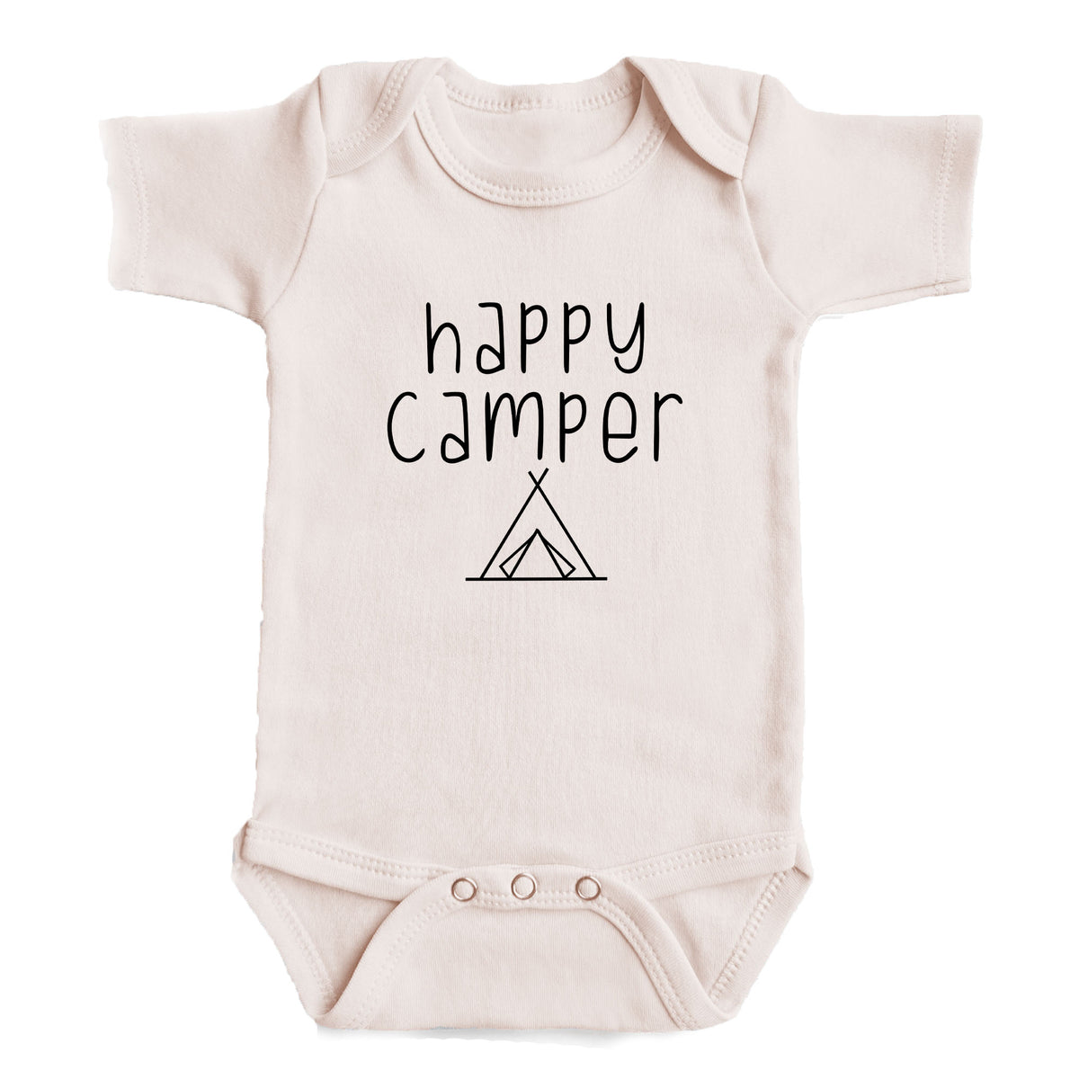 A baby onesie with the text "happy camper" printed on it.