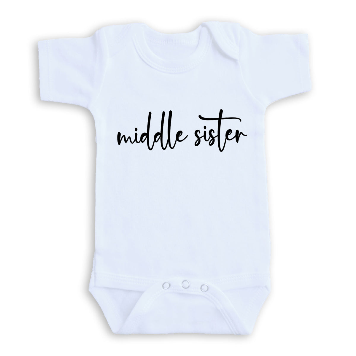 A white baby onesie with the text "middle sister" printed on it.