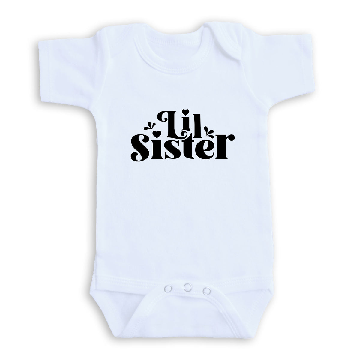 A white baby onesie with the text "Uil sister" printed on it.