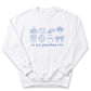 A white sweatshirt with a graphic design featuring various objects such as a basket, teapot, vase, and a clock, along with the text "in my grandma era" printed on it.