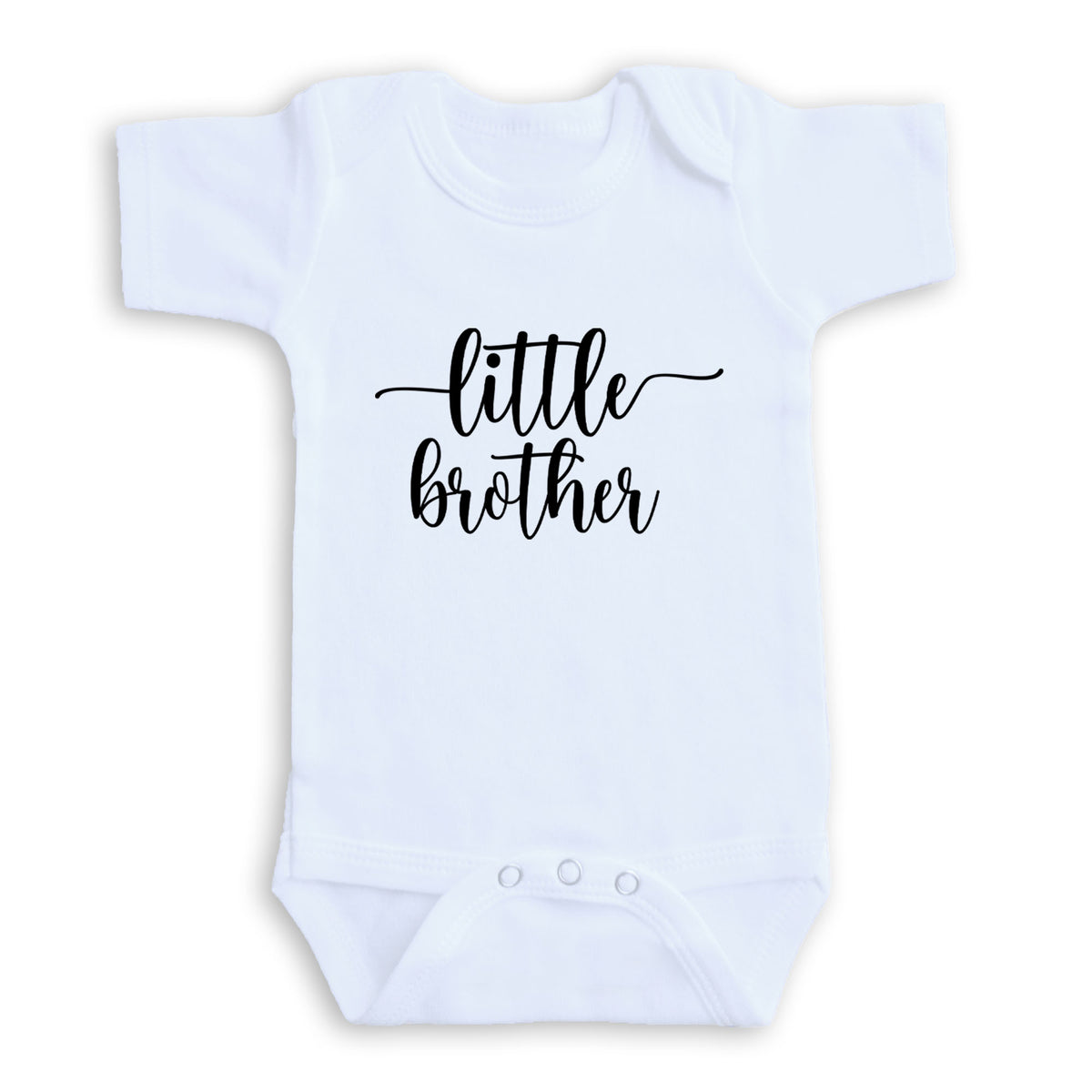 A white baby onesie with the text "little brother" printed on it.