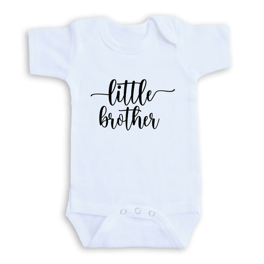 A white baby onesie with the text "little brother" printed on it.