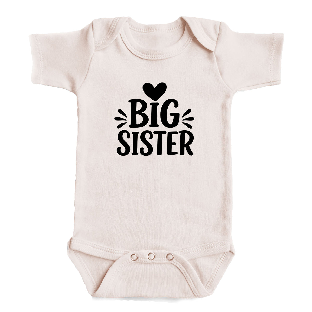 A baby onesie with the text "BIG SISTER" printed on it.