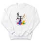 A white sweatshirt with a colorful splash design featuring the letters 'LT' and a sewing needle.