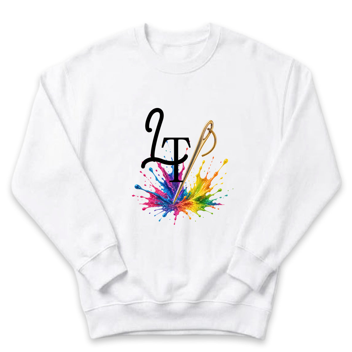 A white sweatshirt with a colorful splash design featuring the letters 'LT' and a sewing needle.