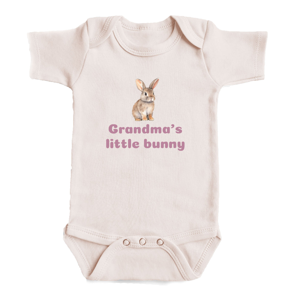 A baby onesie with a bunny image and the text "Grandma's little bunny" printed on it.