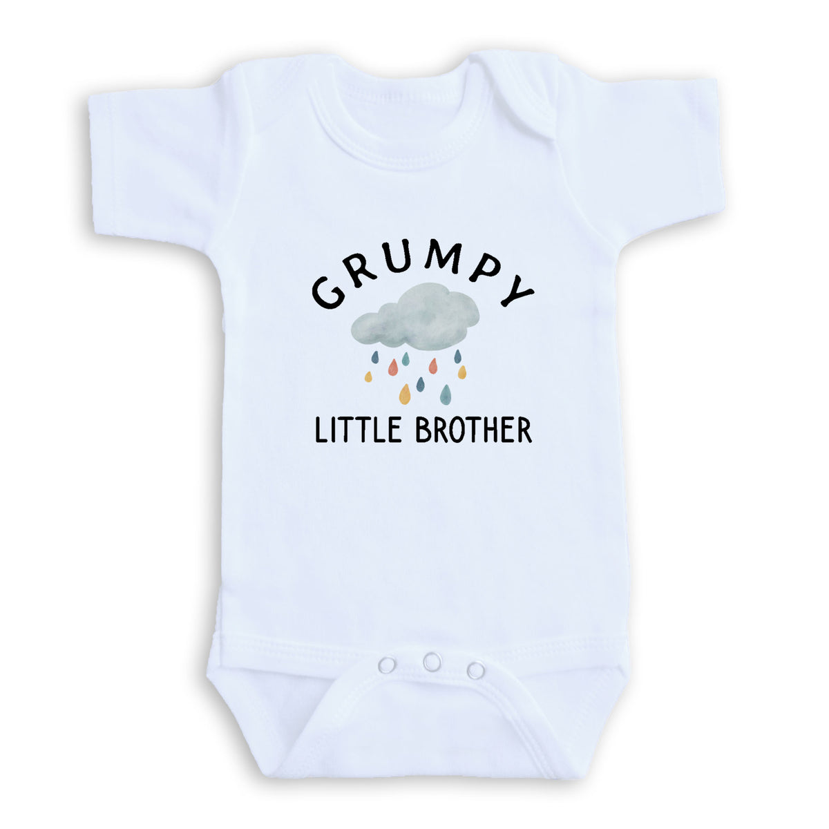 A white baby onesie with a graphic design and text printed on it.